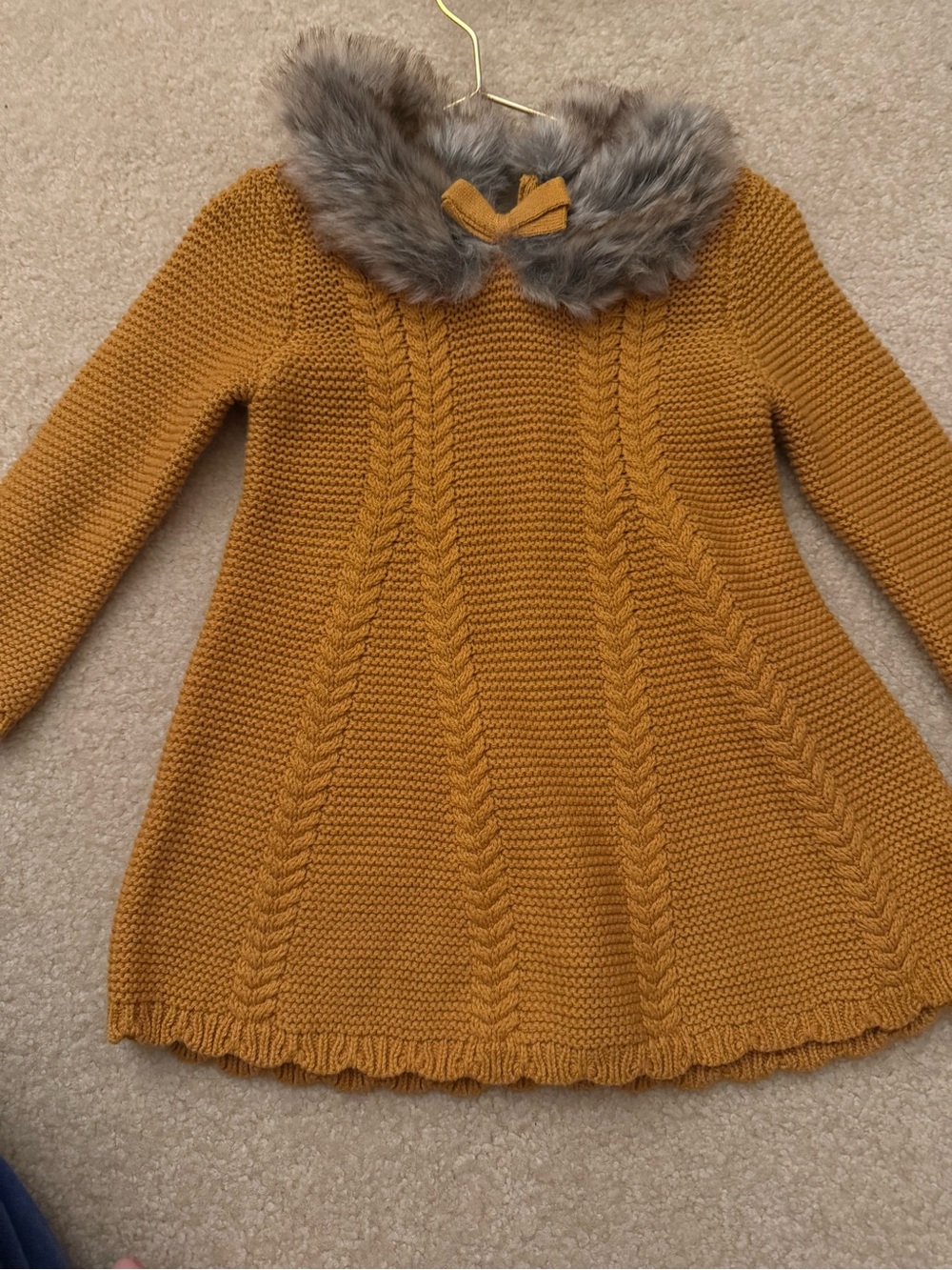 Mustard Yellow Knit Baby Dress with Faux Fur Collar